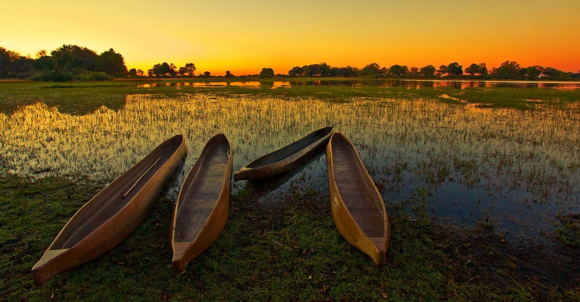 Mokoro canoe on the water at sunset, Okavango Delta, Botswana
