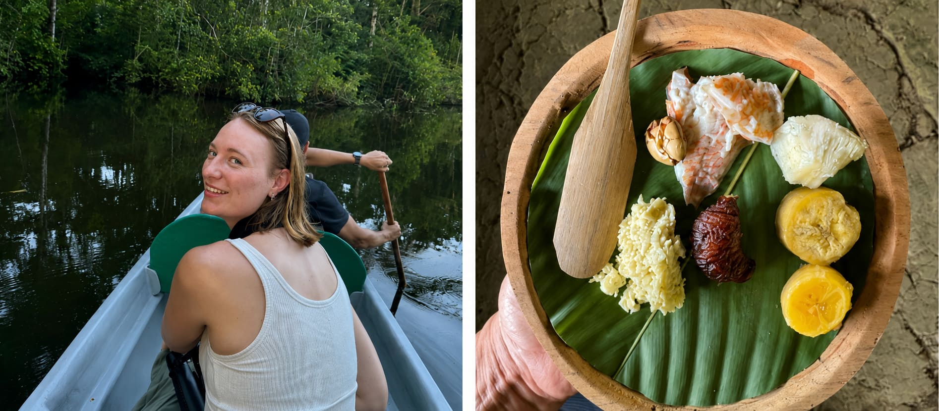 Viva Expeditions specialist Beke Grossmann enjoys a dugout canoe ride and traditional Amazonian dishes served on a banana leaf in a wooden plate at La Selva in the Ecuadorian Amazon.
