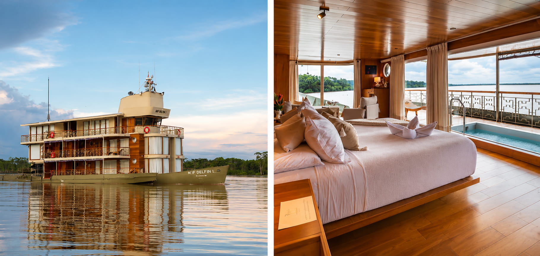 Delfin I river cruise boat and interior cabin, in the Peruvian Amazon.