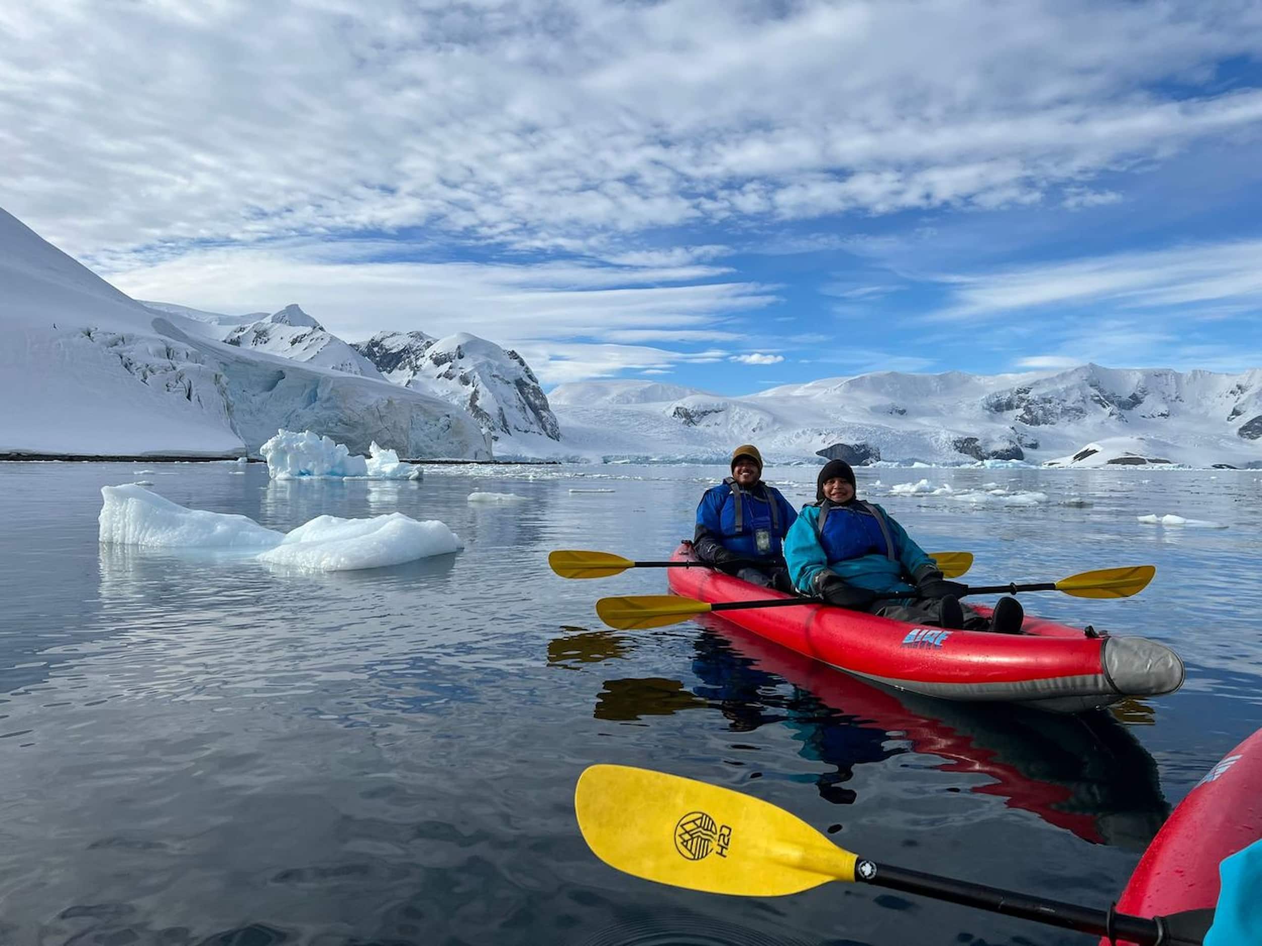 Guided kayak activity in Antarctica.