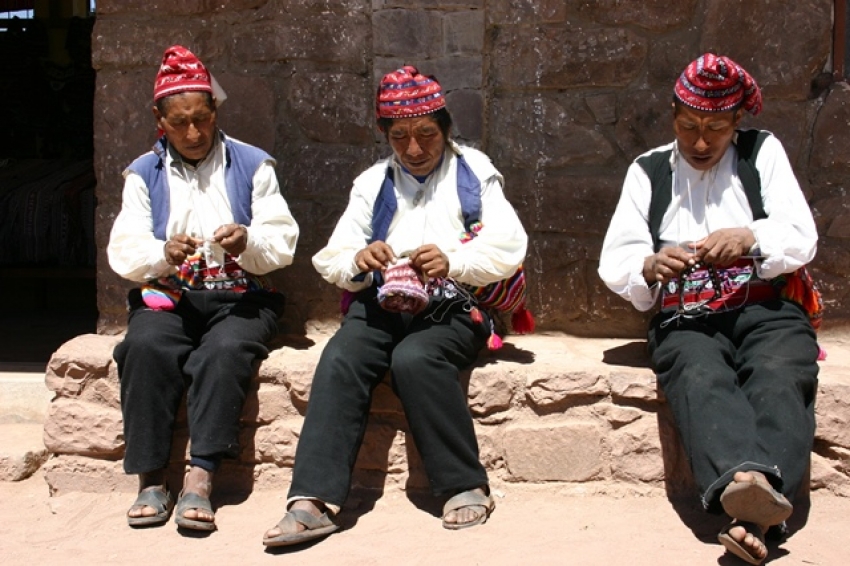 Men knitting on Taquile Island