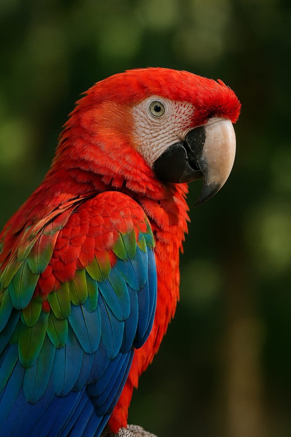 Close-up of a scarlet macaw with red, blue, and green feathers, seen during birdwatching on the Magdalena River in Colombia.