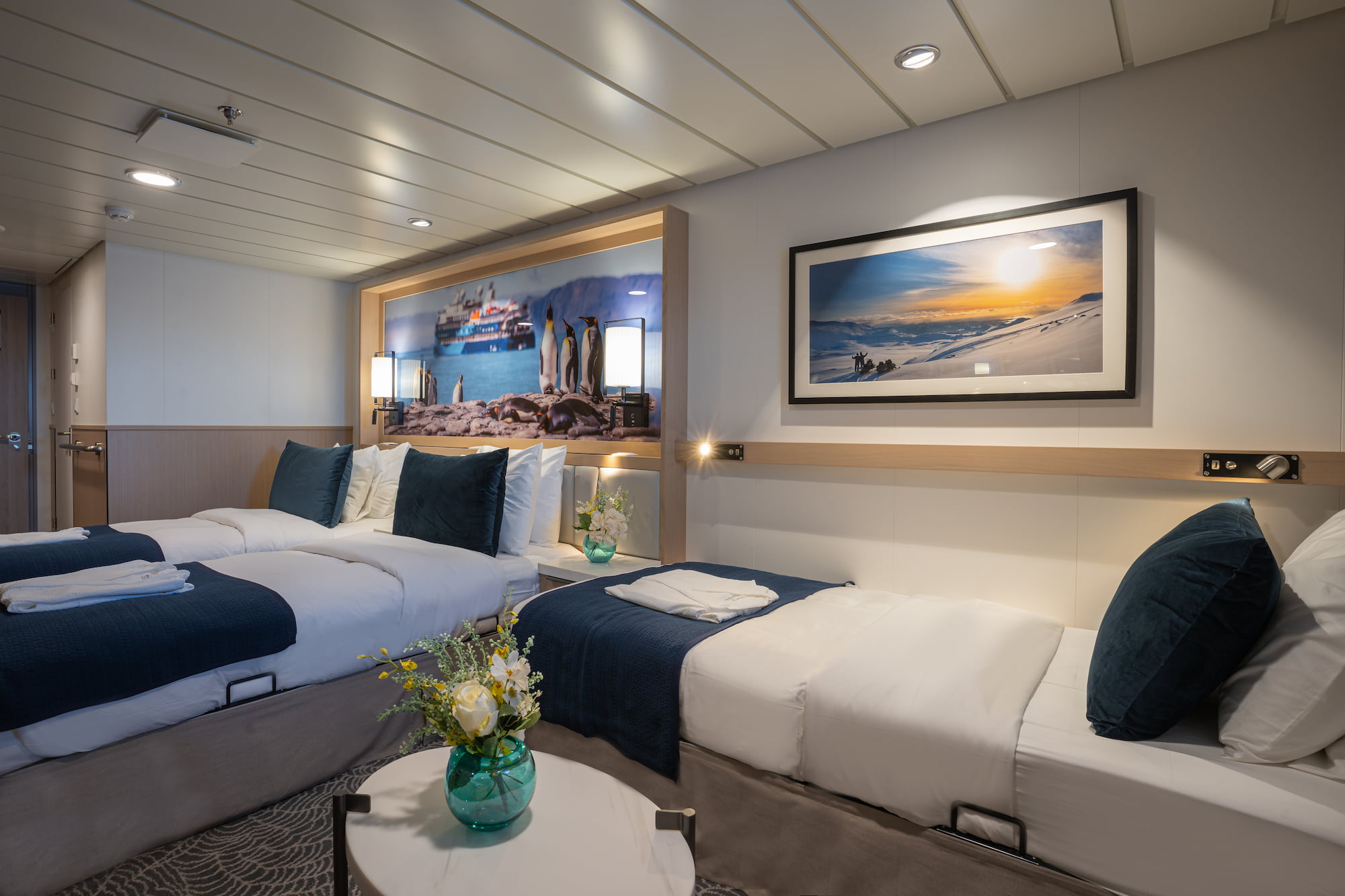 Interior of a triple-berth expedition cruise cabin, Antarctica.