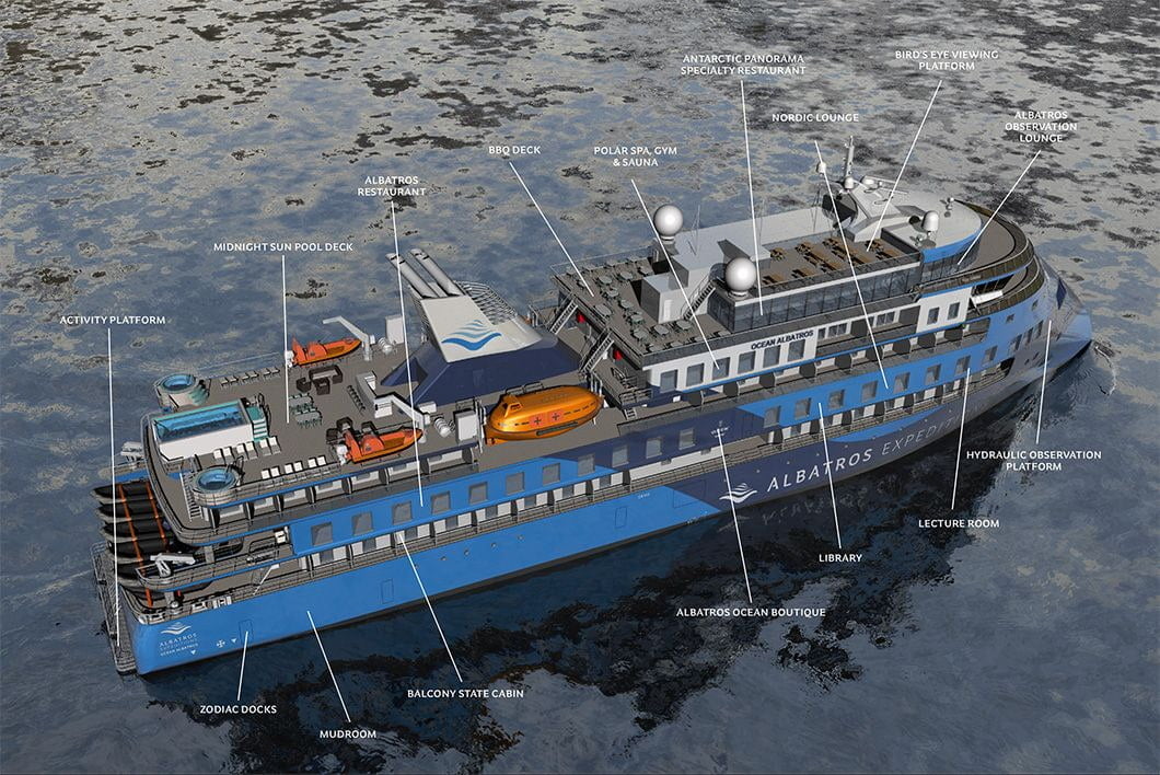 Visual floor deck plan of the MV Ocean Albatros, Antarctica cruise ship.