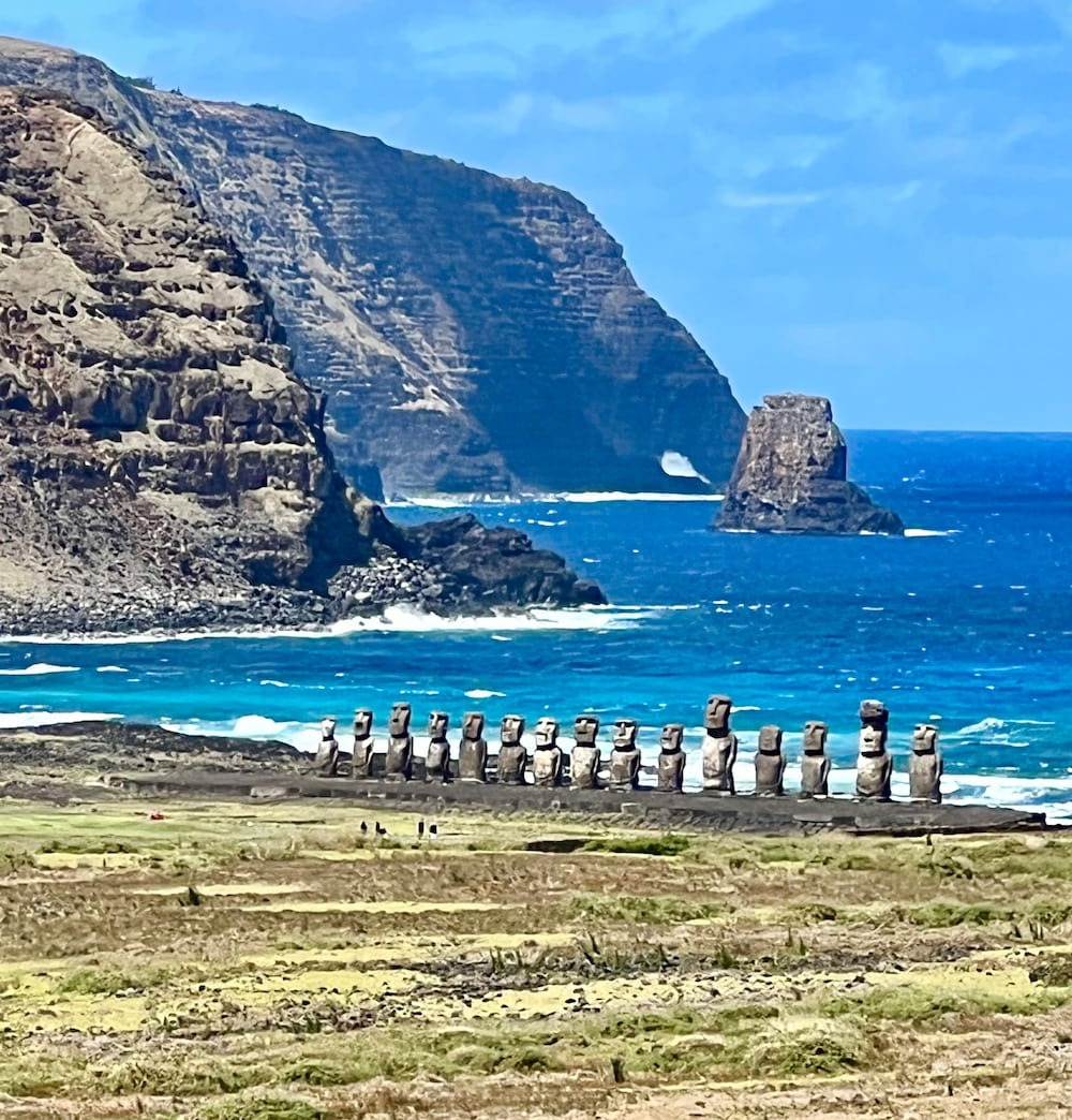 A lineup of fifteen moai facing inland, on Easter Island’s most famous site.
