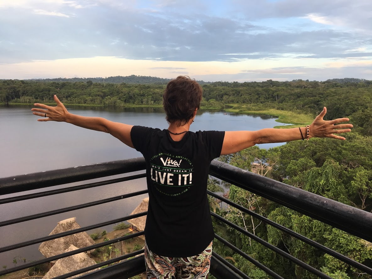Viva Expeditions specialist Pia Knarston on the canopy tower overlooking the lagoon at Napo Wildlife Centre, Yasuni, Ecuadorian Amazon.