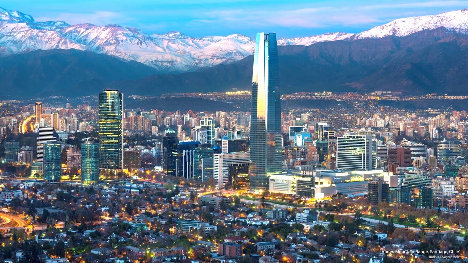 Santiago's modern skyline framed by the Andes — Chile's capital is the main arrival point for direct flights from New Zealand to South America.