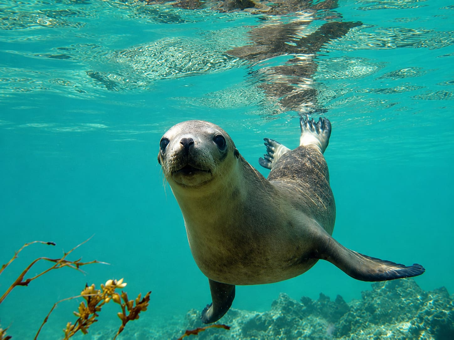 Curious sea lion joining the snorkeling adventure