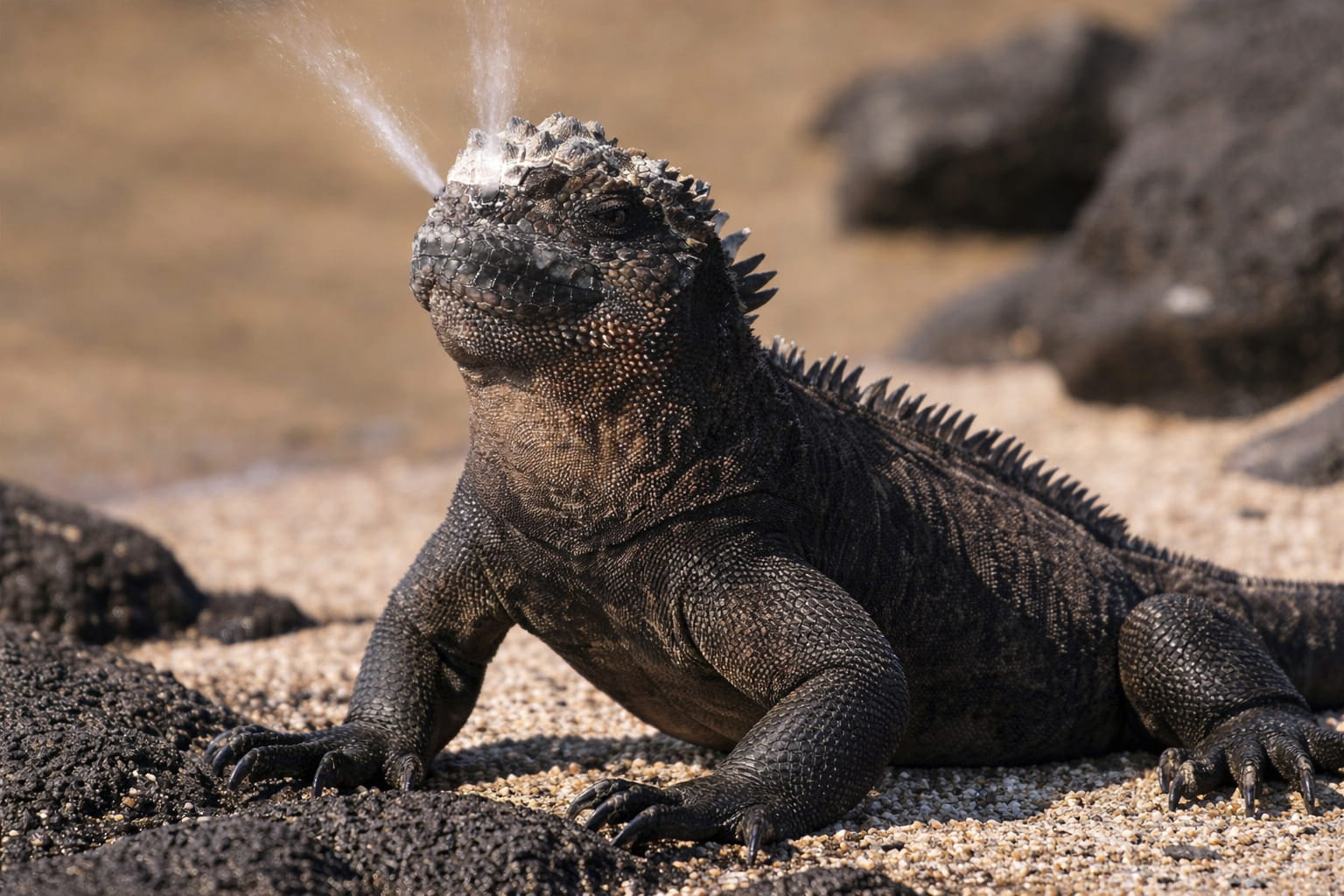 A marine Iguana sneeze salt after feeding at sea.