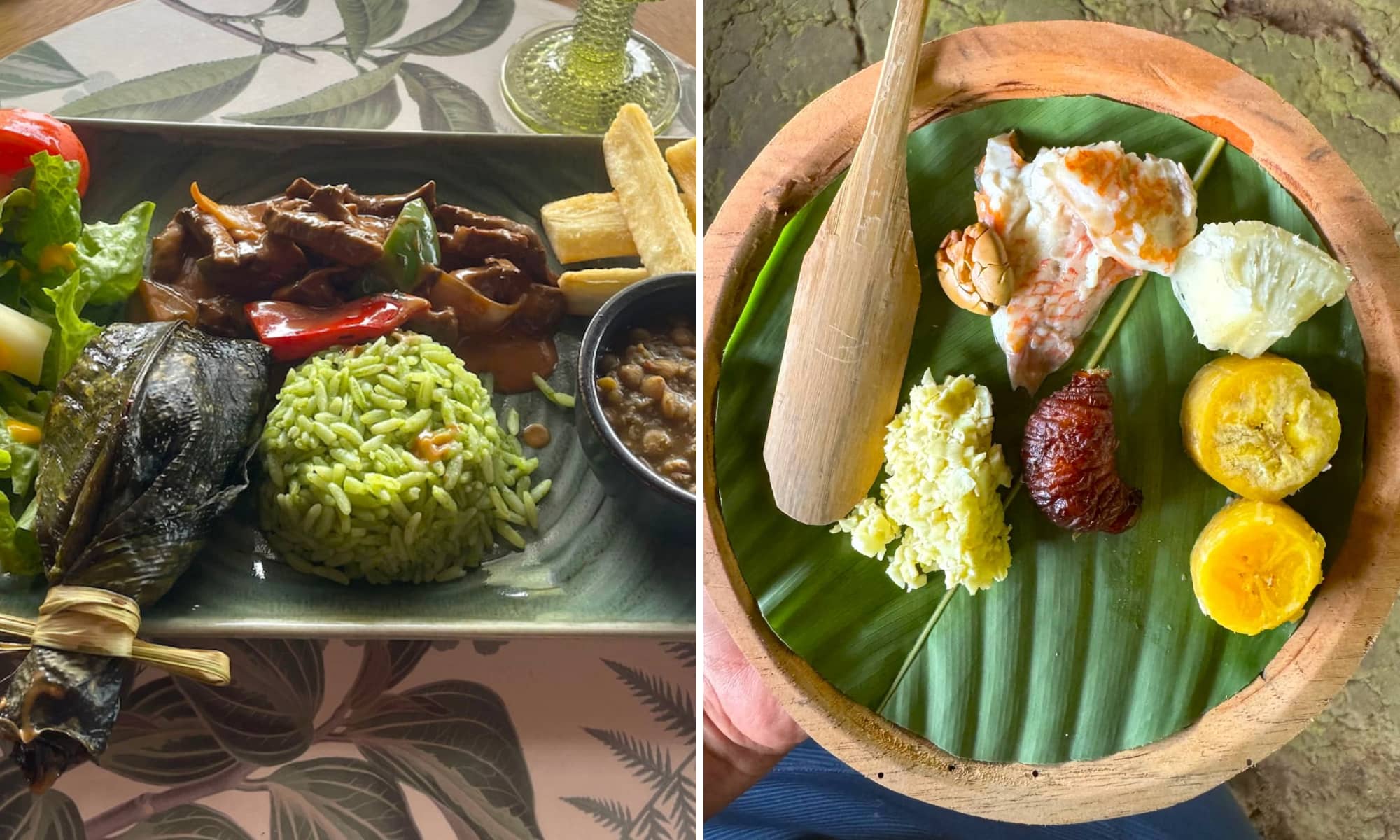 La Selva Lodge lunch plate with grilled fish, green rice, lentils, and fresh salad served on a banana leaf during a traditional Ecuadorian Amazon food tasting at a local community visit.