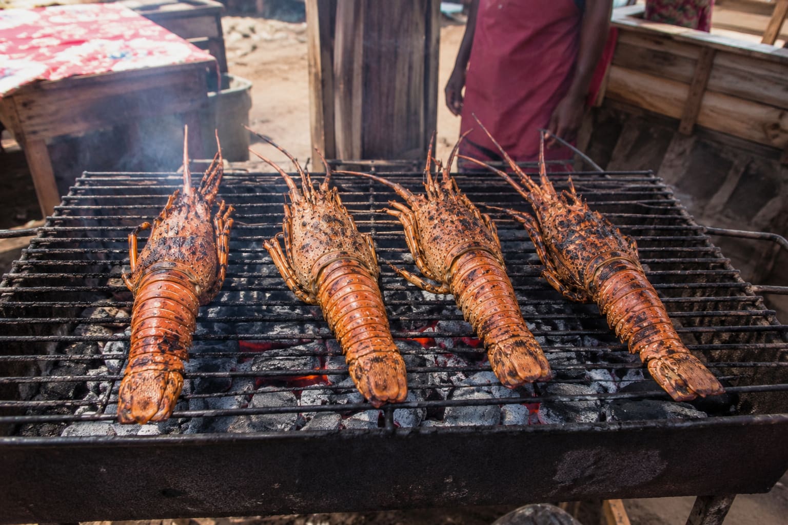 Lobster Barbeque on grill in Madagascar market.