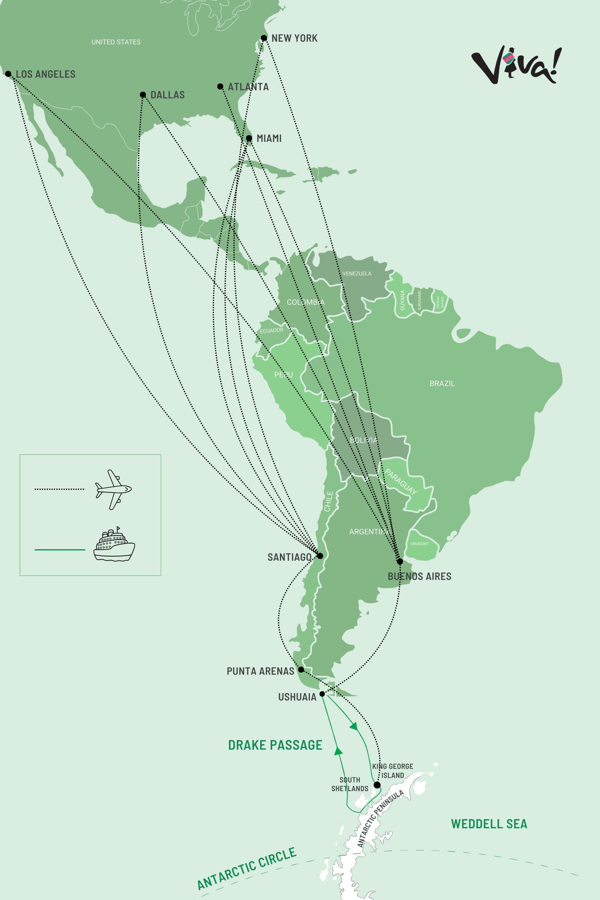 A map showing how to get to Antarctica from the USA