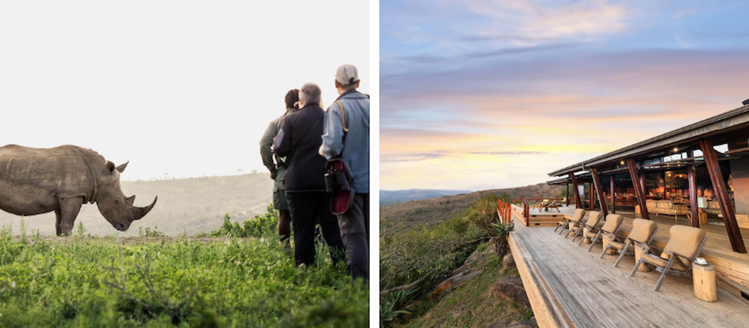 Guide with tourists on a walking safari close to a rhino, and the game viewing deck at Rhino Lodge in KwaZulu-Natal, South Africa.