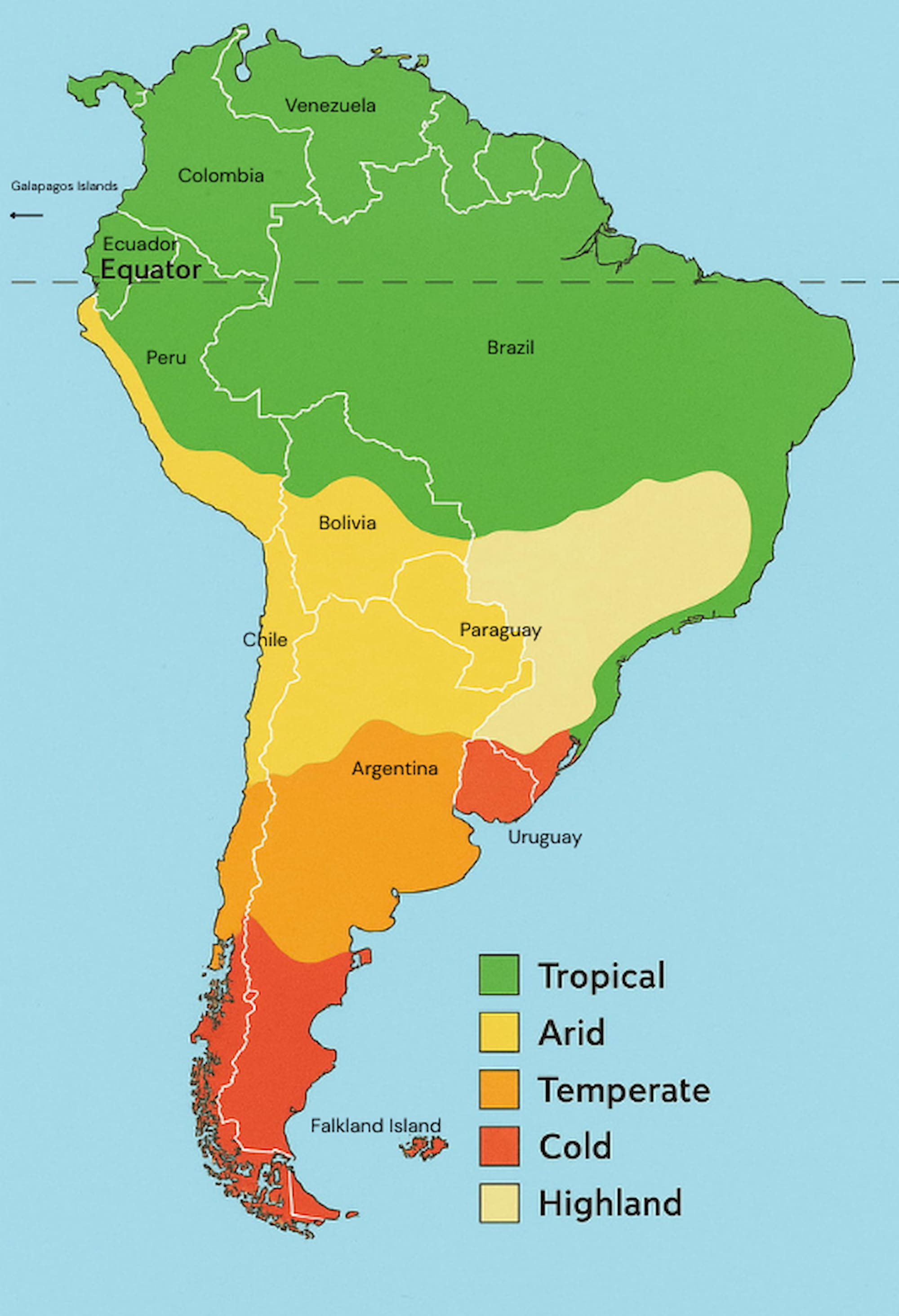 Map of South America showing major climate zones in coloured regions.