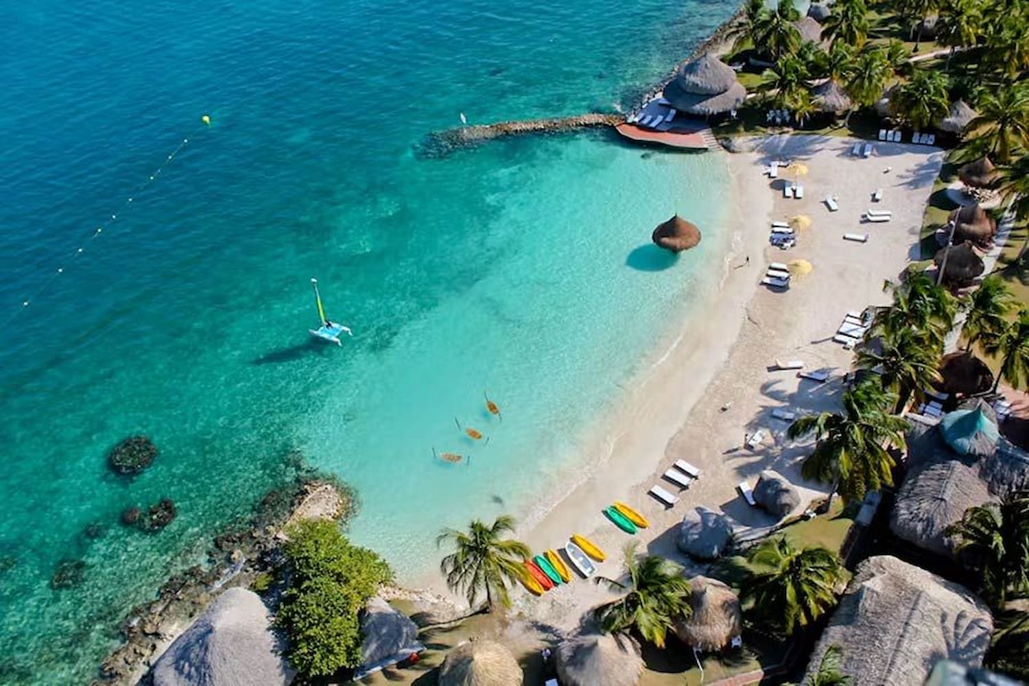 Aerial view of a turquoise Caribbean bay near Cartagena, Colombia.