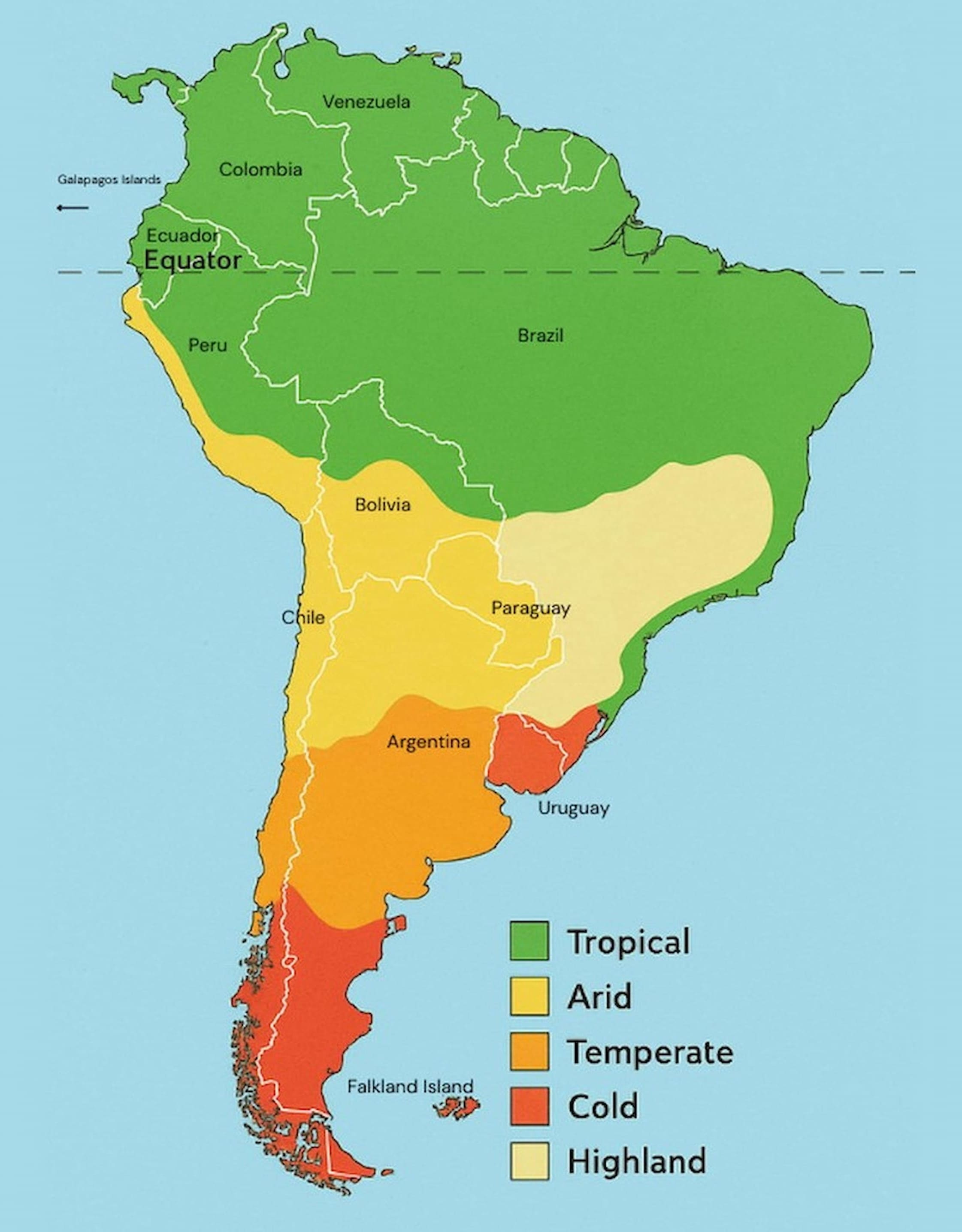 Map of South America showing the major climate zones in coloured regions