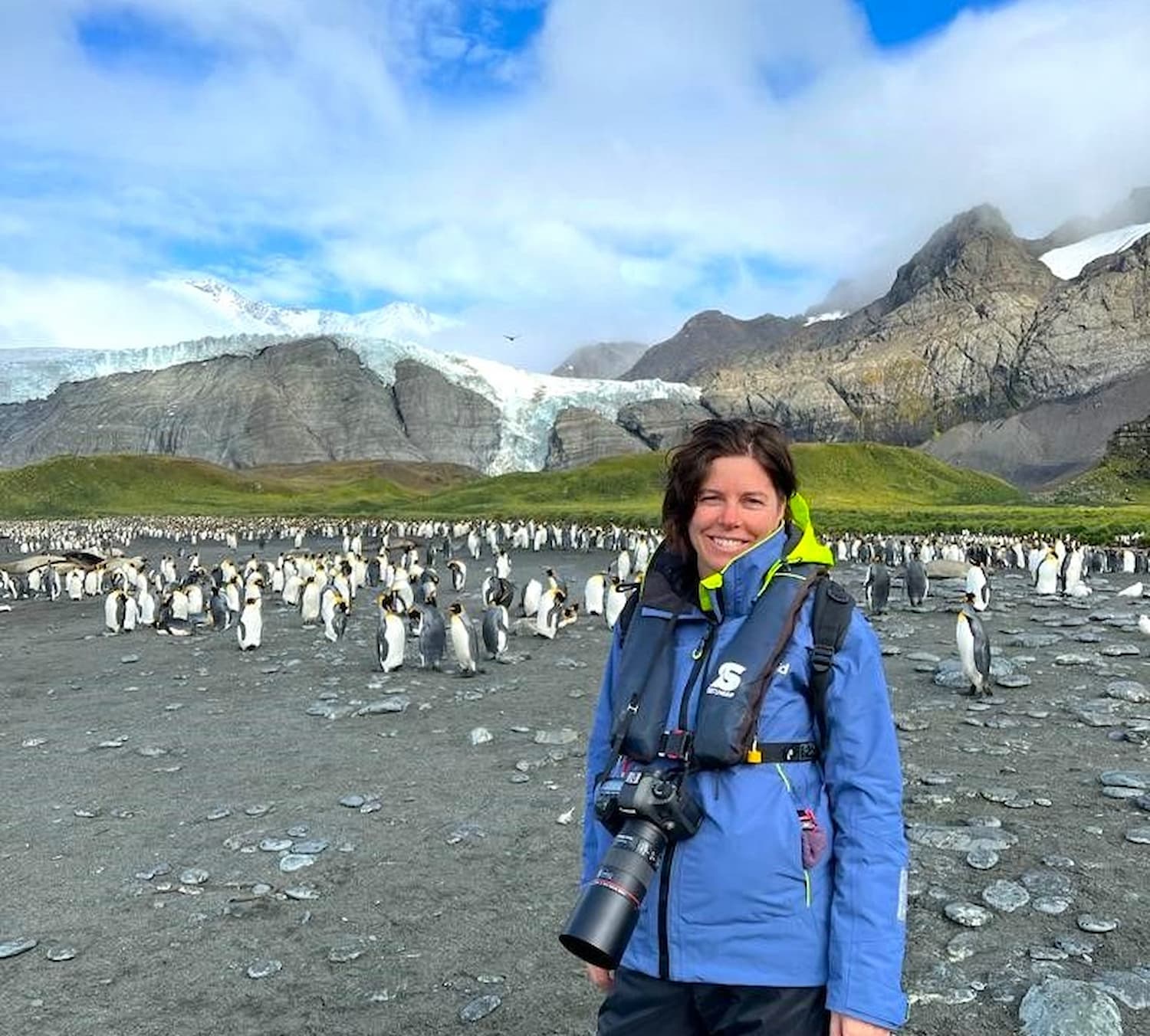 Tara surrounded by a colony of penguins and seals in South Georgia