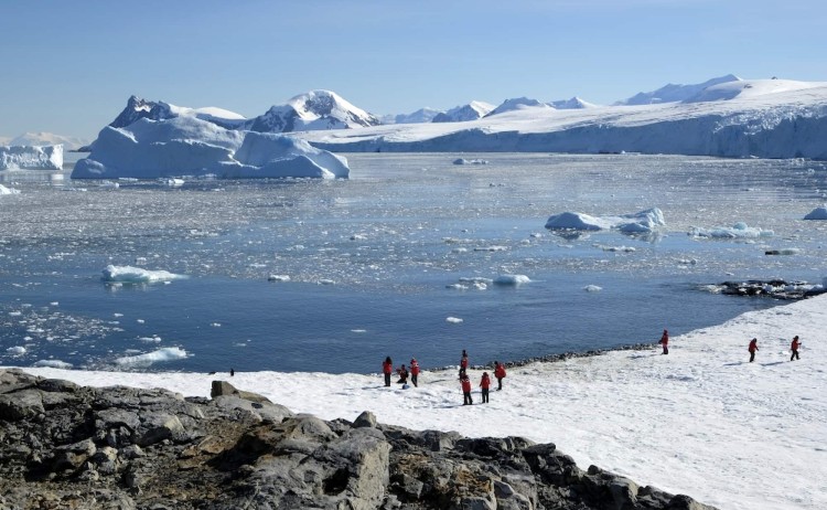 Christmas in Antarctica guest exploring a snowy shoreline with large icebergs and glaciers