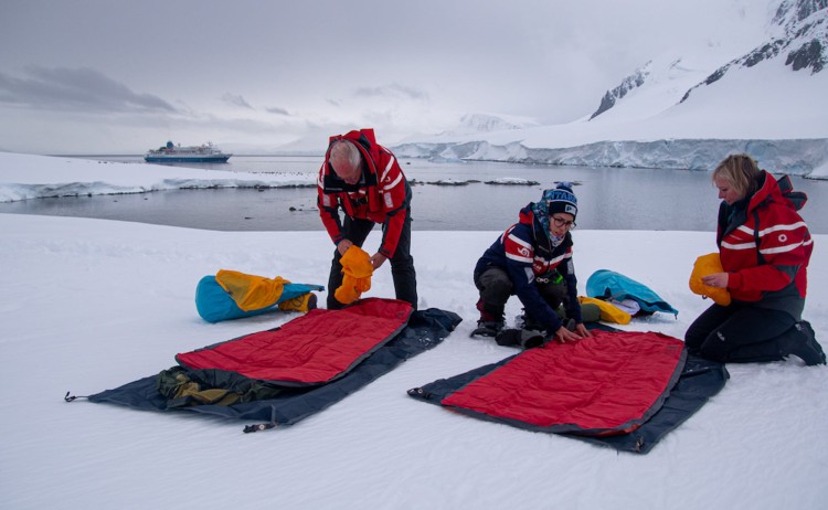 Christmas in Antarctica happy campers preparing the sleeping bags