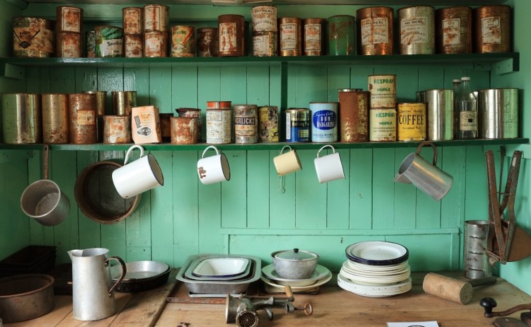Crossing the Antarctic Circle a rustic kitchen display at the Port Lockroy Museum