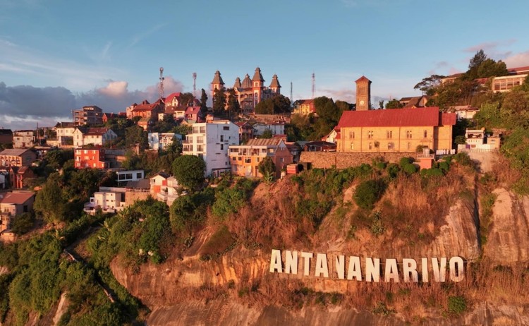 East Madagascar Aerial view of Antananarivo showcasing colorful buildings and historical landmarks at sunset