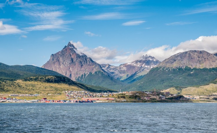 view of Ushuaia and Tierra del Fuego mountains from Beagle Channel, Argentina