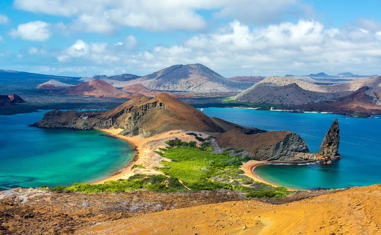 Galapagos landscape of pinnacle Rock and surroundings in Bartolome island