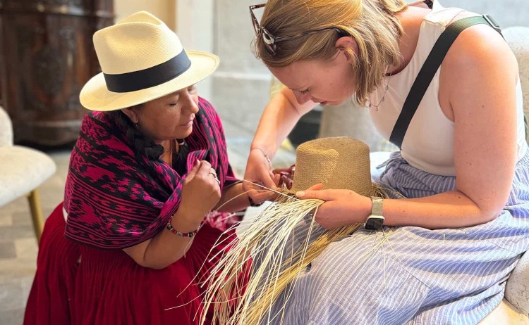 Greenland cruise Beke from Viva trying the hat making in Quito