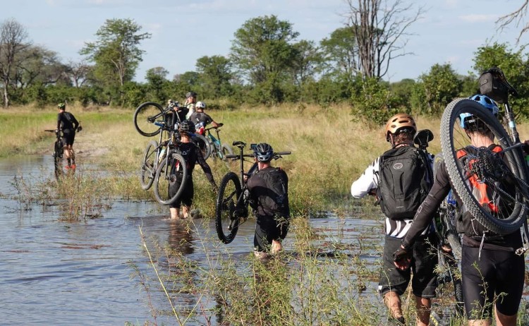  Makgadikgadi Cycling Safari, bikers carry their bikes as they cross the shallow water