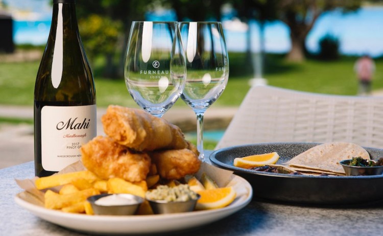 Furneaux Lodge dining fish and chips wine sea view 19 RB