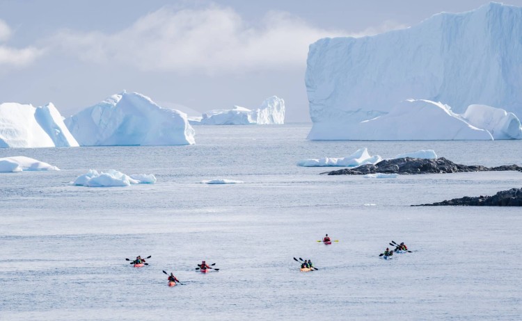 Group of Kayakers on calm waters Antarctica Lina Stock Divergent Travelers scaled
