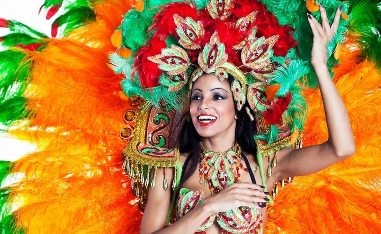 rio carnival package a vibrant Brazilian Carnival dancer adorned in a colorful feathered headdress