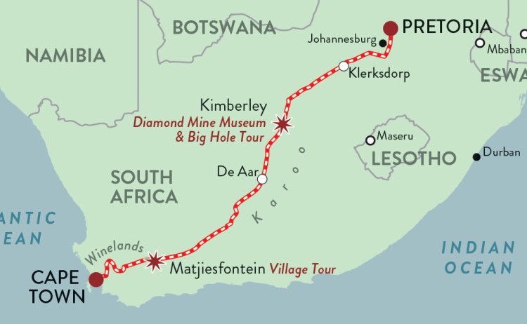 RVR tour, Map for Cape Town & Pretoria itinerary