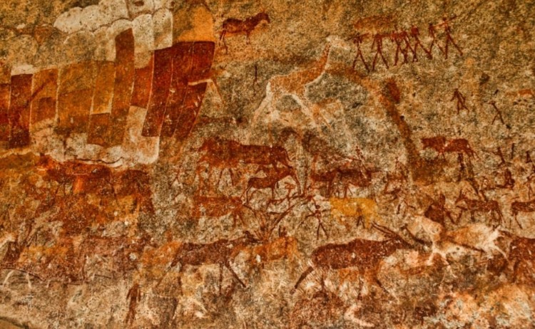 Rovos Pretoria to Victoria Falls Bushman rock paintings depicting antelopes giraffes and human figures