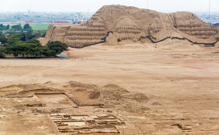 View of the ancient pyramid known as the Huaca del Sol