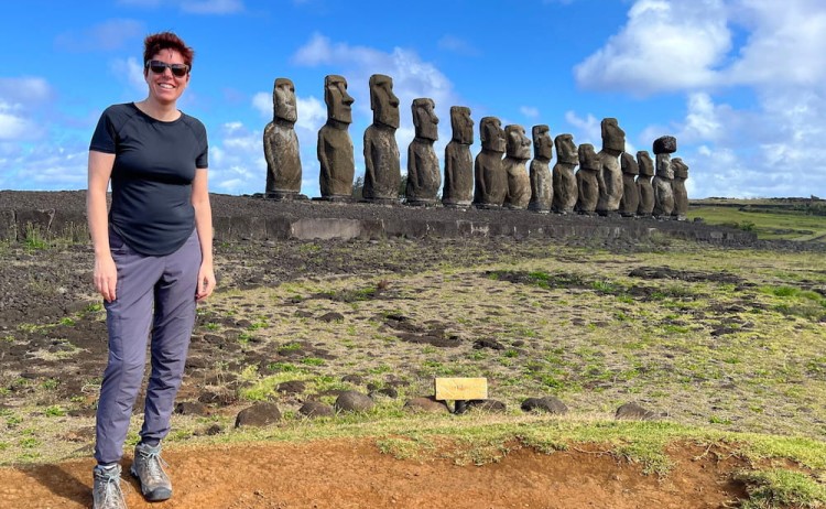 Tara stands before the moai of Ahu Tongariki