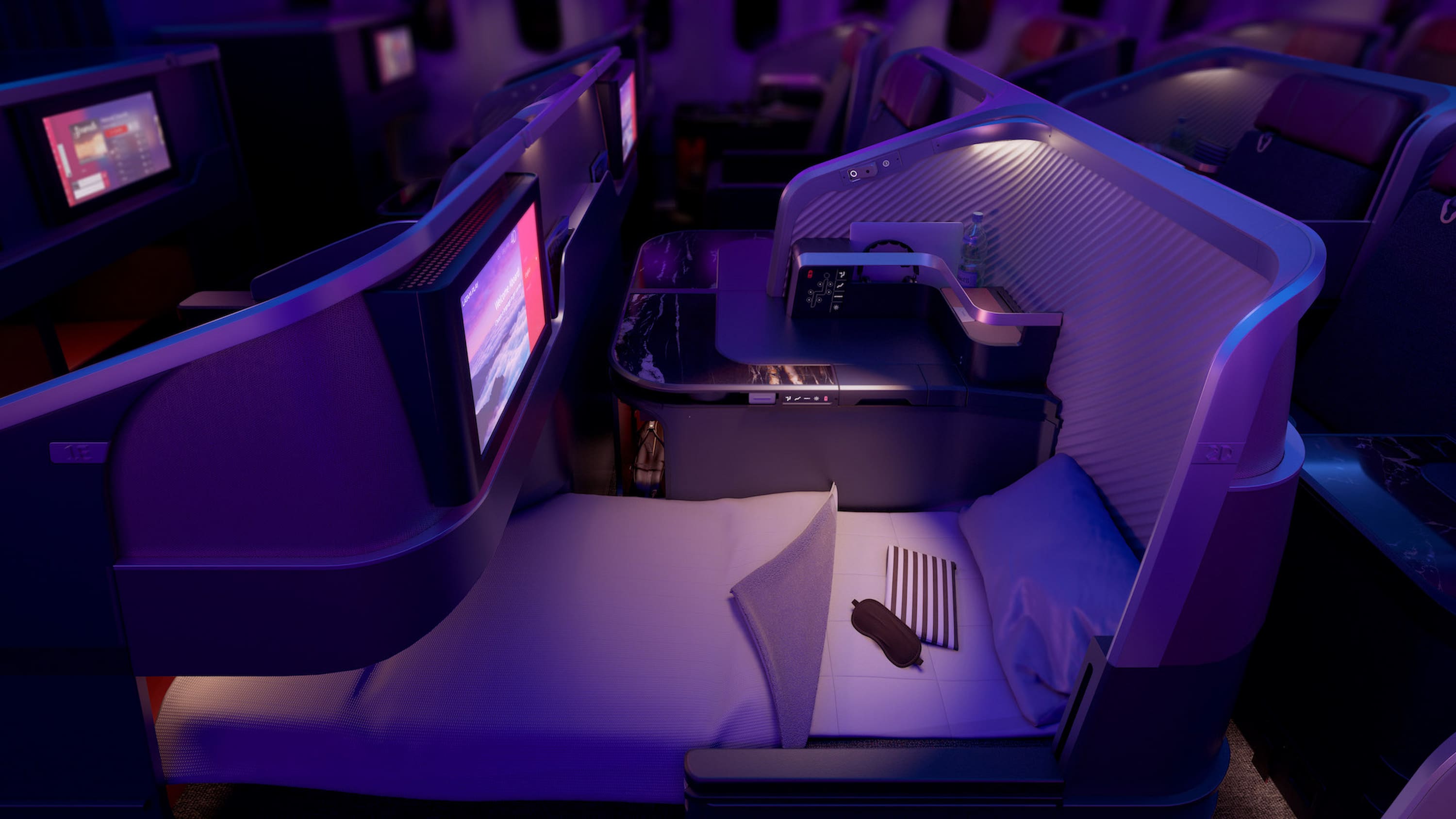 LATAM Airlines business class seat on a direct flight from Auckland, New Zealand to Santiago, Chile.