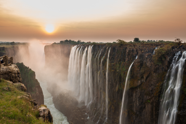 View of Victoria Falls from the Zambian side at sunset