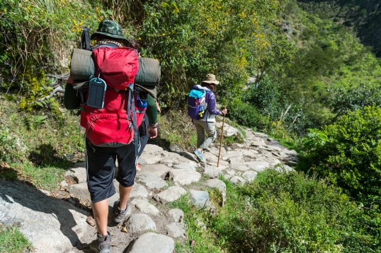 Hikers with back packs walking on the Inca Trail