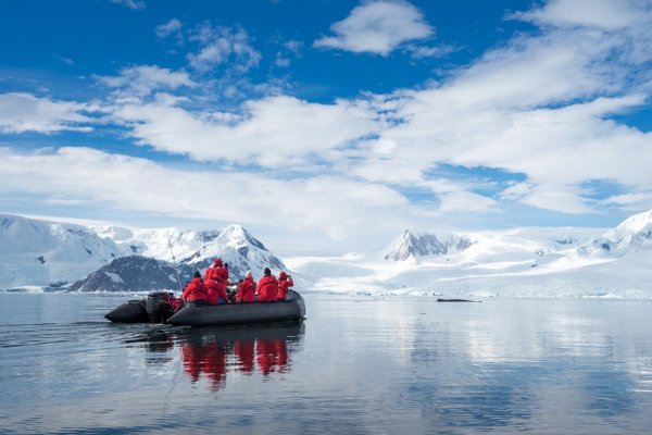 Explorers on a zodiac tour in Antarctica