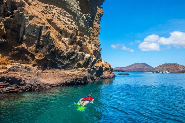 Tourist snorkelling in clear Galapagos waters