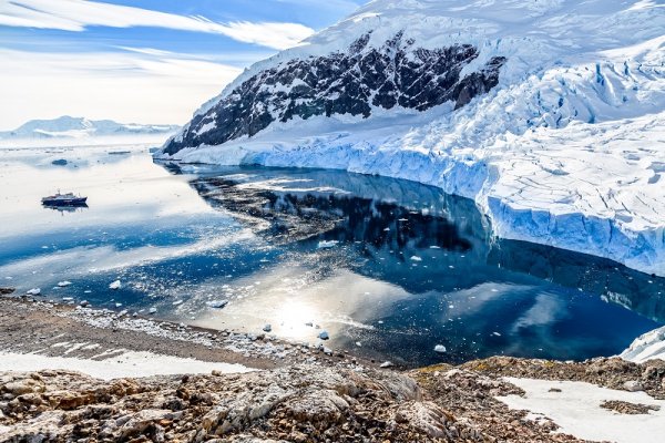 Cruise ship sailing in the bay of Antarctica