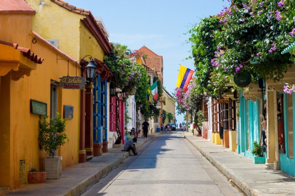 Street scene in the historic old city of Cartagena. Colombia