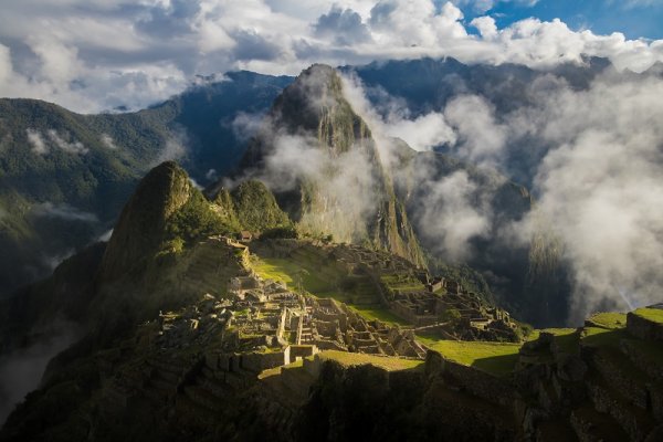 A view of Machu Picchu in the clouds