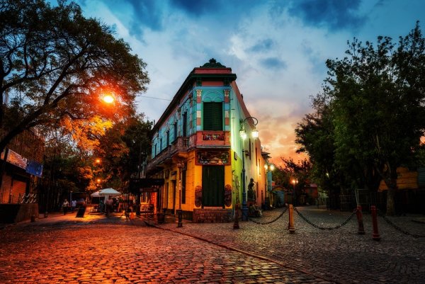 Colourful building on the streets at night in Buenos Aires, Argentina