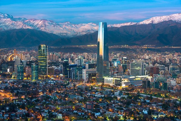 Santiago’s modern skyline, accentuated by the Andes