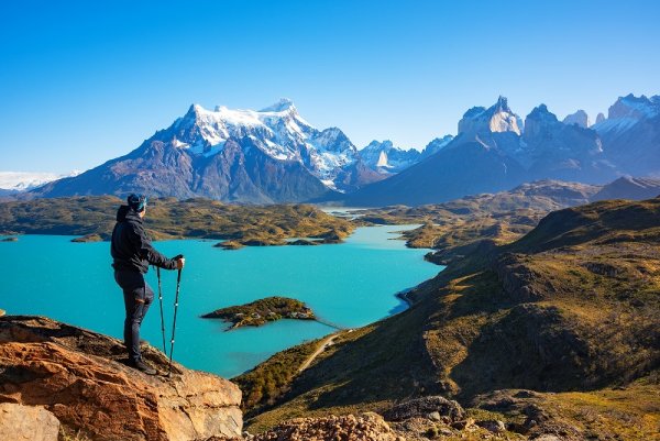 Los Cuernos rocks and Lake Pehoe in Torres del Paine national park, Patagonia