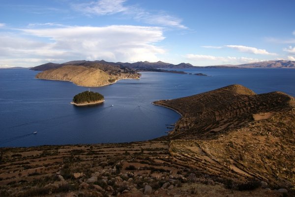 A scenic view of the islands on Lake Titicaca