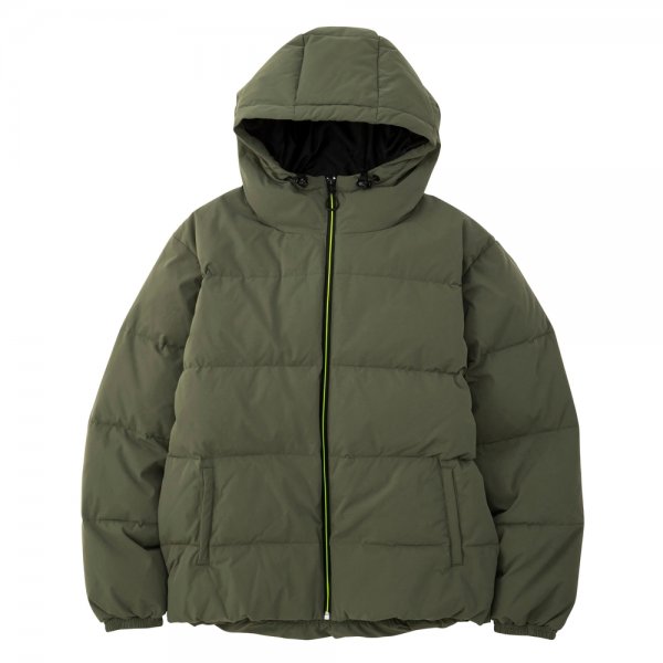 A green down jacket with a hood