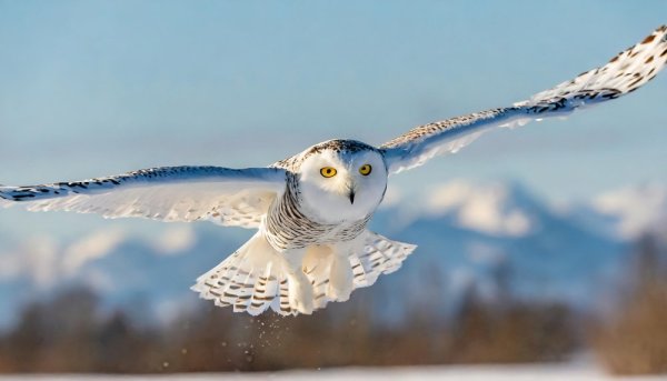 Snowy Owl flying with mountains in background